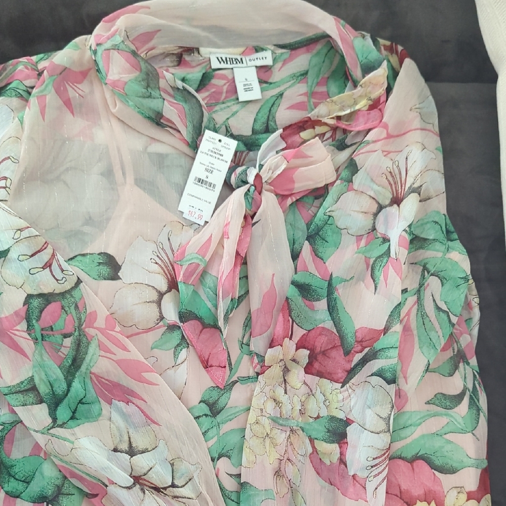 White House Black Market Sheer Floral Blouse - Pink and Green